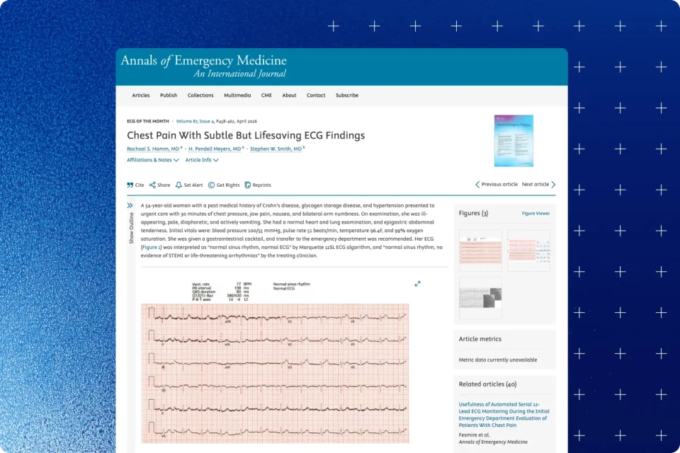 Annals of Emergency Medicine article page for the Chest Pain With Subtle But Lifesaving ECG Findings case report