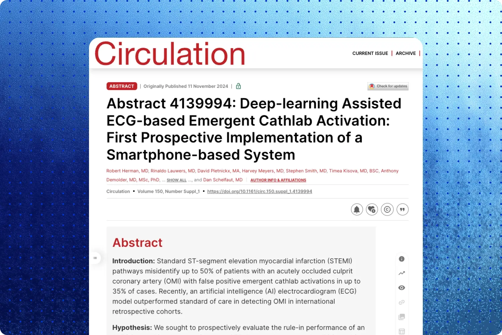 Circulation journal abstract page for the deep-learning ECG-based emergent cathlab activation study by Herman and colleagues