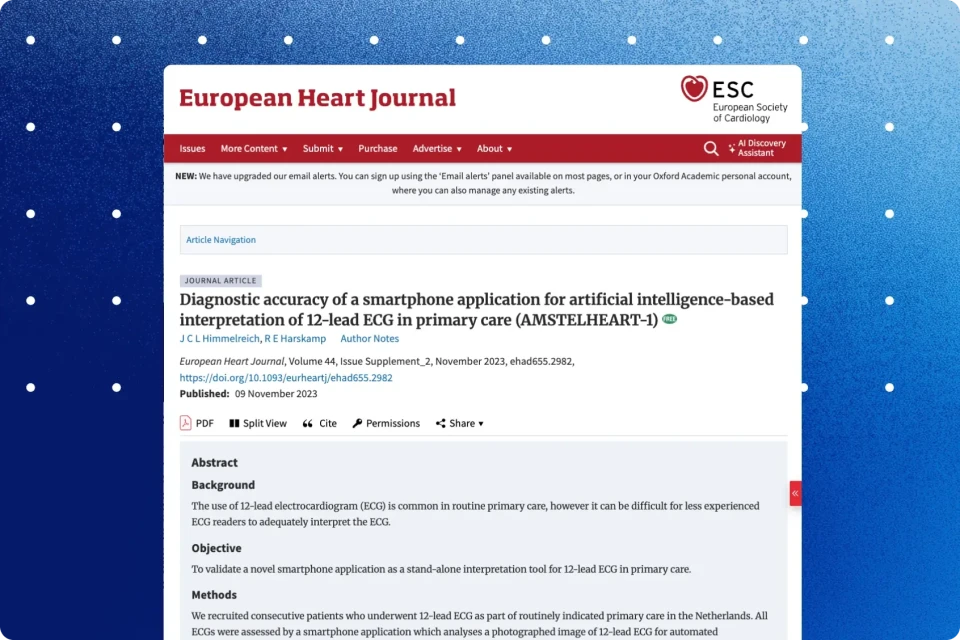 European Heart Journal article page for the AMSTELHEART-1 study validating PMcardio smartphone 12-lead ECG interpretation in primary care