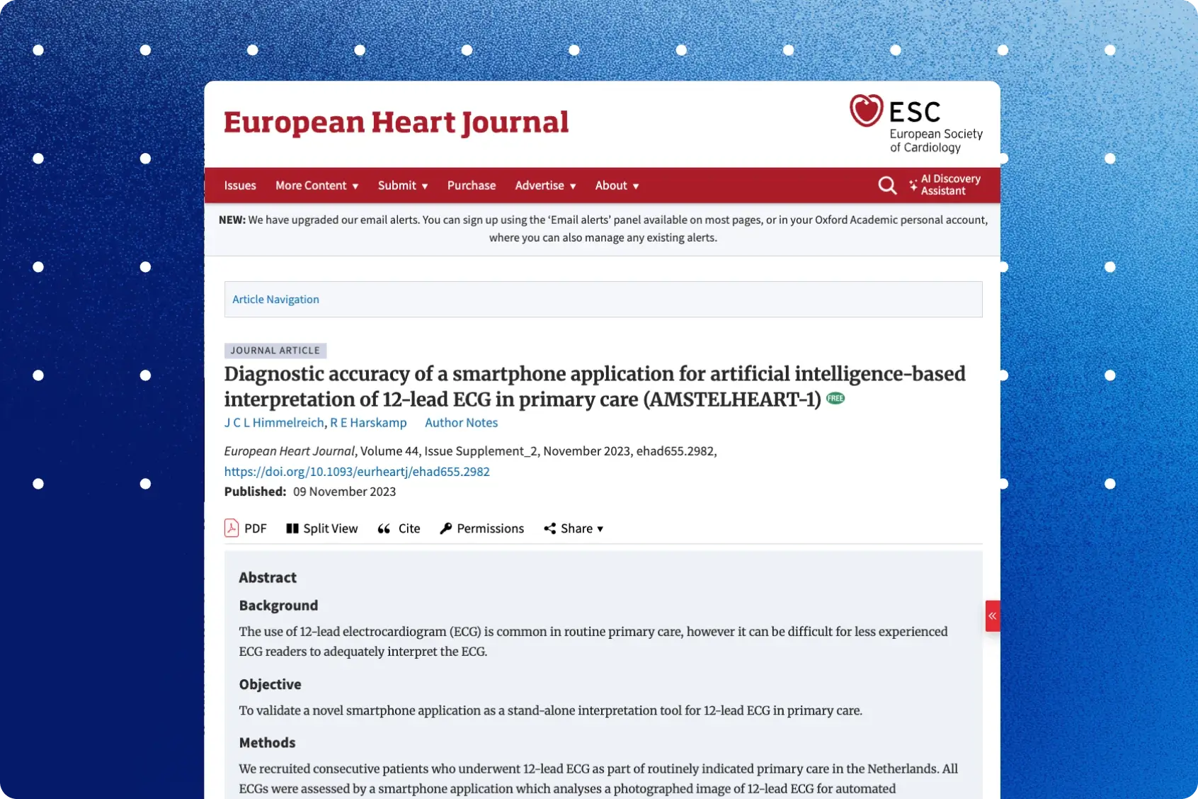 European Heart Journal article page for the AMSTELHEART-1 study validating PMcardio smartphone 12-lead ECG interpretation in primary care