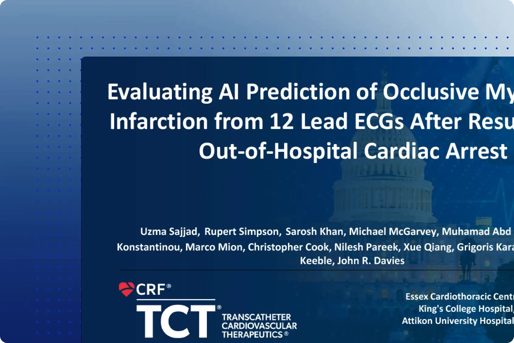 TCT 2024 title slide for study evaluating PMcardio AI prediction of occlusion MI from post-cardiac-arrest ECGs