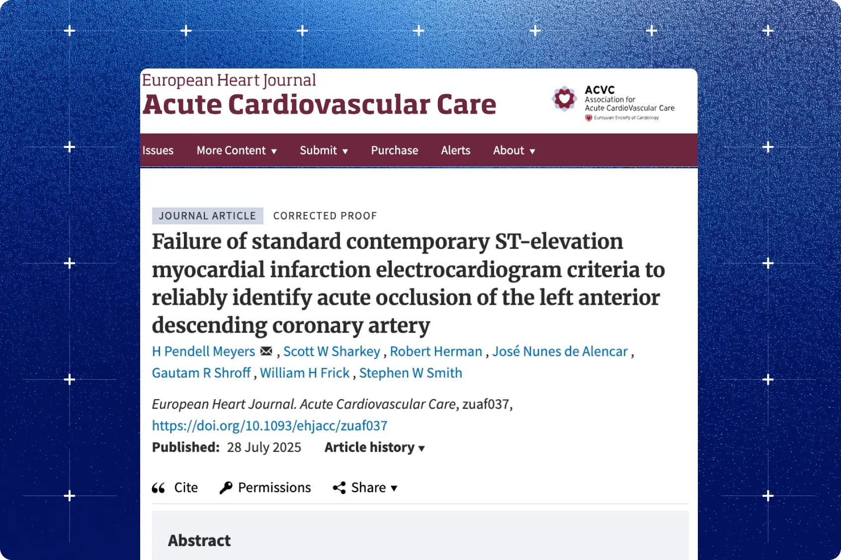 European Heart Journal Acute Cardiovascular Care article title page on STEMI criteria missing LAD occlusion