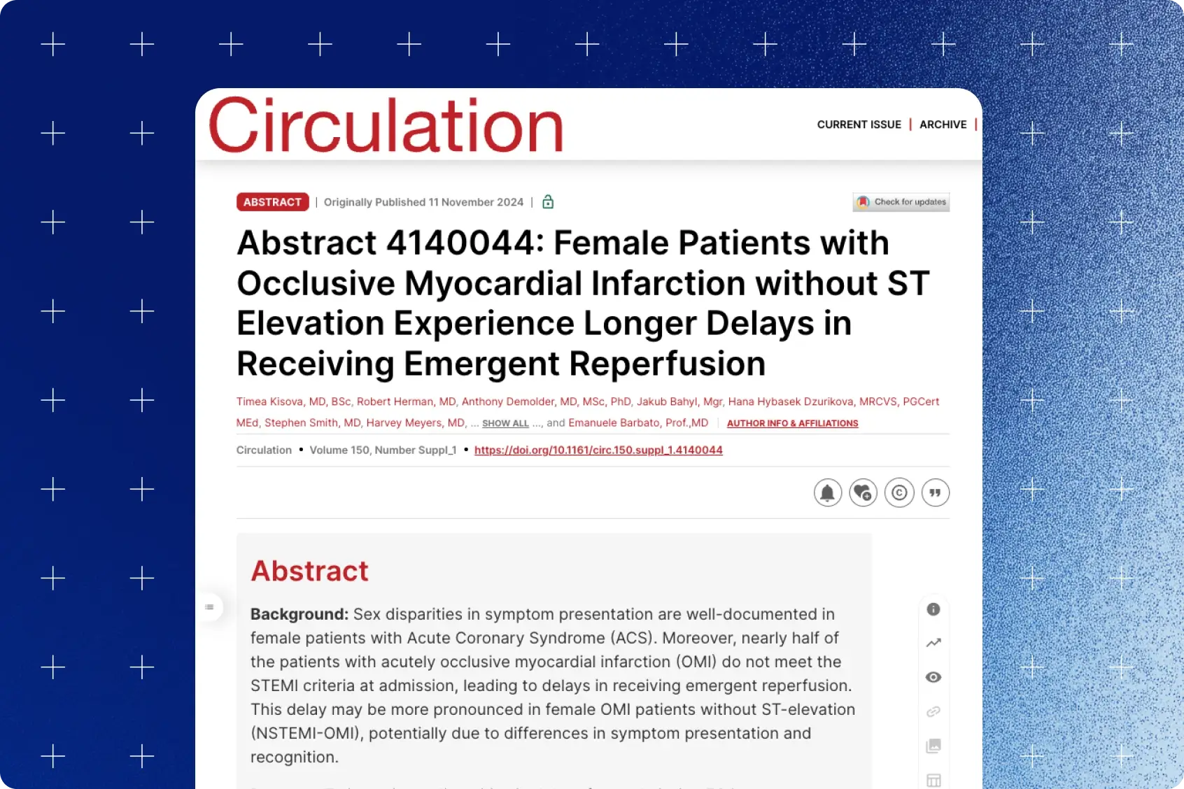 Circulation journal abstract on female occlusion myocardial infarction reperfusion delays, presented at AHA 2024