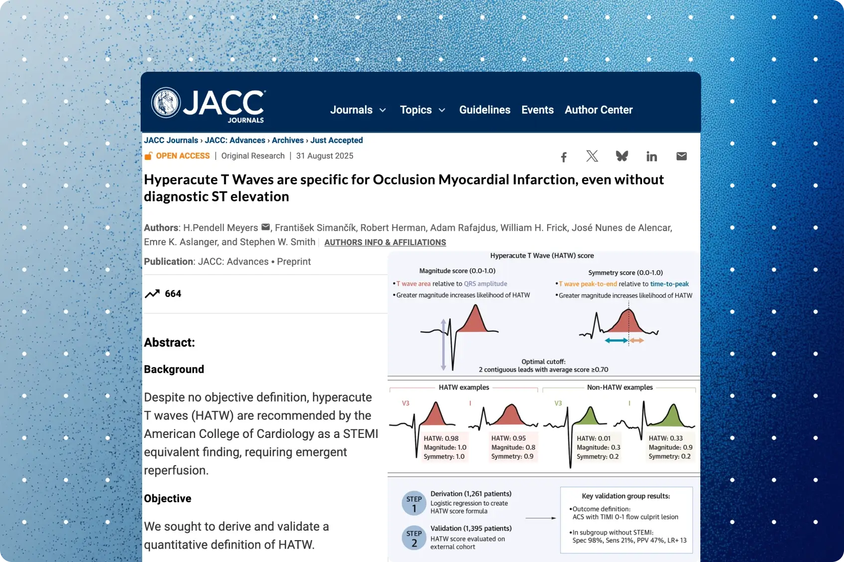 JACC Advances article with hyperacute T-wave score graphical abstract for detecting occlusion MI without ST elevation