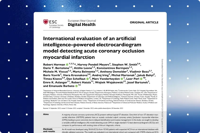 First page of the EHJ Digital Health study validating the PMcardio OMI AI ECG model