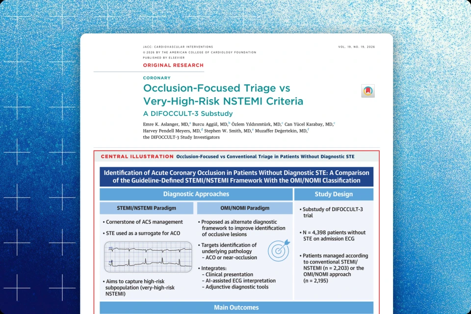 JACC: Cardiovascular Interventions publication cover &mdash; DIFOCCULT-3 substudy Central Illustration comparing OMI/NOMI triage with very-high-risk NSTEMI criteria