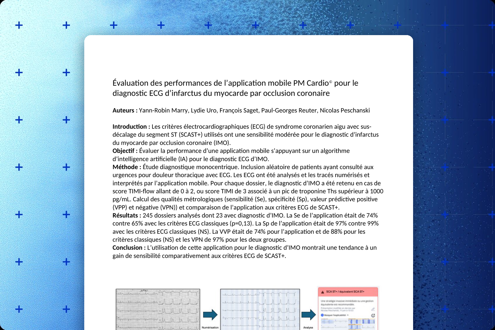 Urgences 2026 abstract cover — French abstract evaluating the PMcardio mobile application for ECG diagnosis of occlusion myocardial infarction at Rennes University Hospital