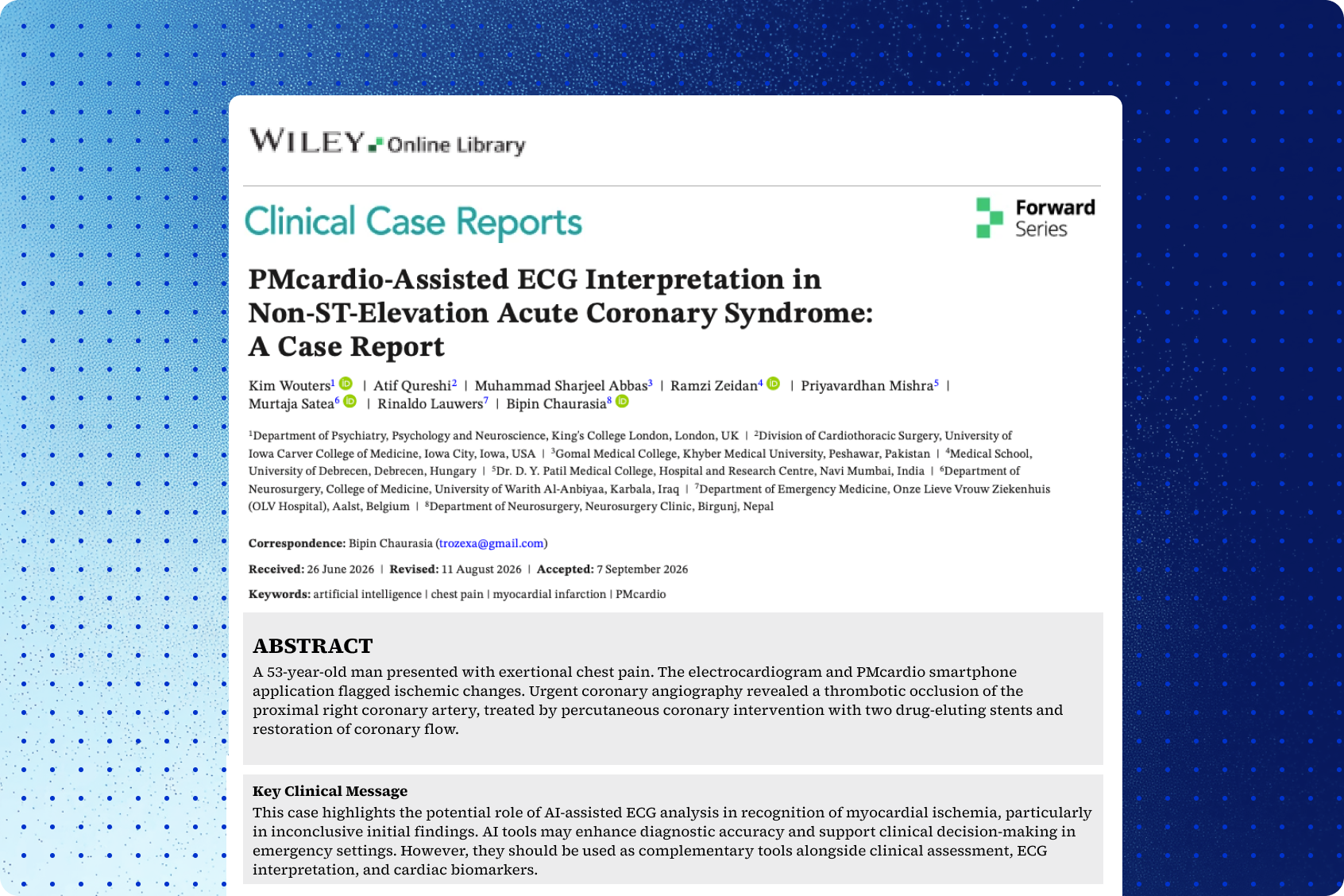 Clinical Case Reports publication cover — PMcardio-assisted ECG interpretation in non-ST-elevation acute coronary syndrome case report