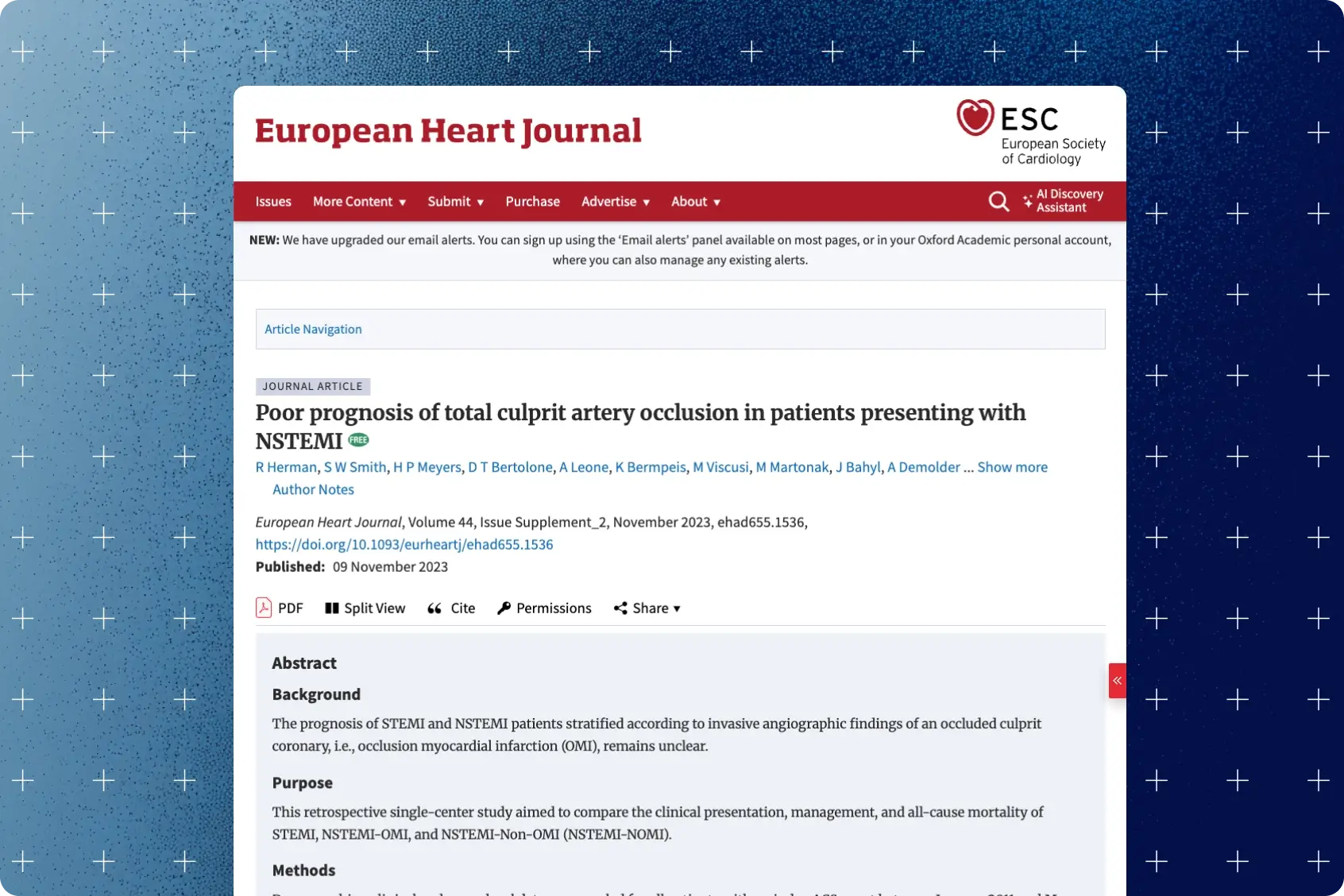 European Heart Journal article page on poor prognosis of total culprit artery occlusion in NSTEMI