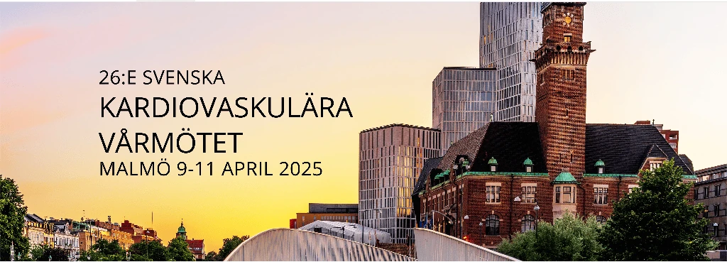 Banner for the 26th Swedish Cardiovascular Spring Meeting, Malmo 9-11 April 2025, over the city skyline at sunset