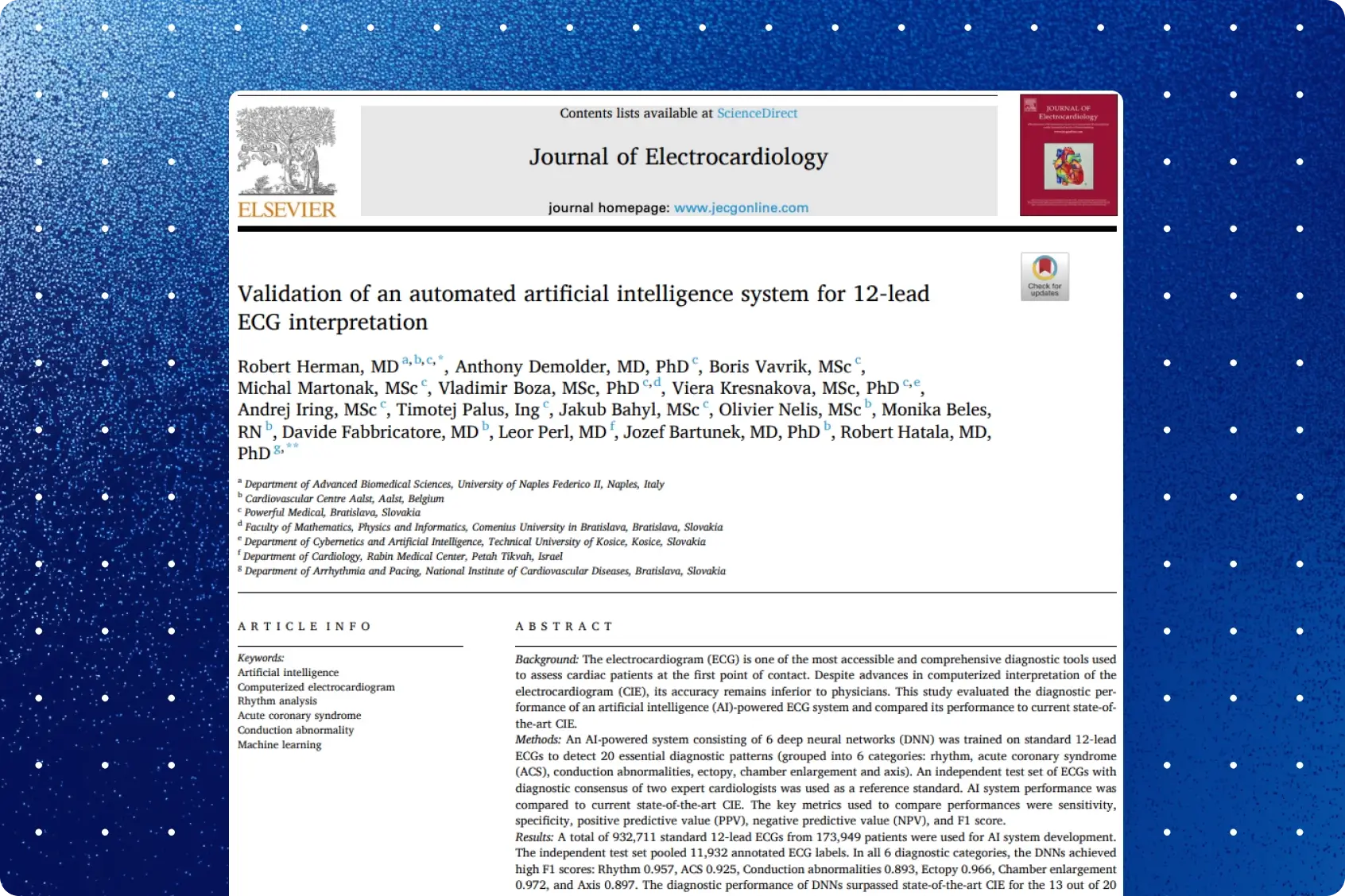 Journal of Electrocardiology first page of the PMcardio 12-lead ECG AI validation study by Herman et al