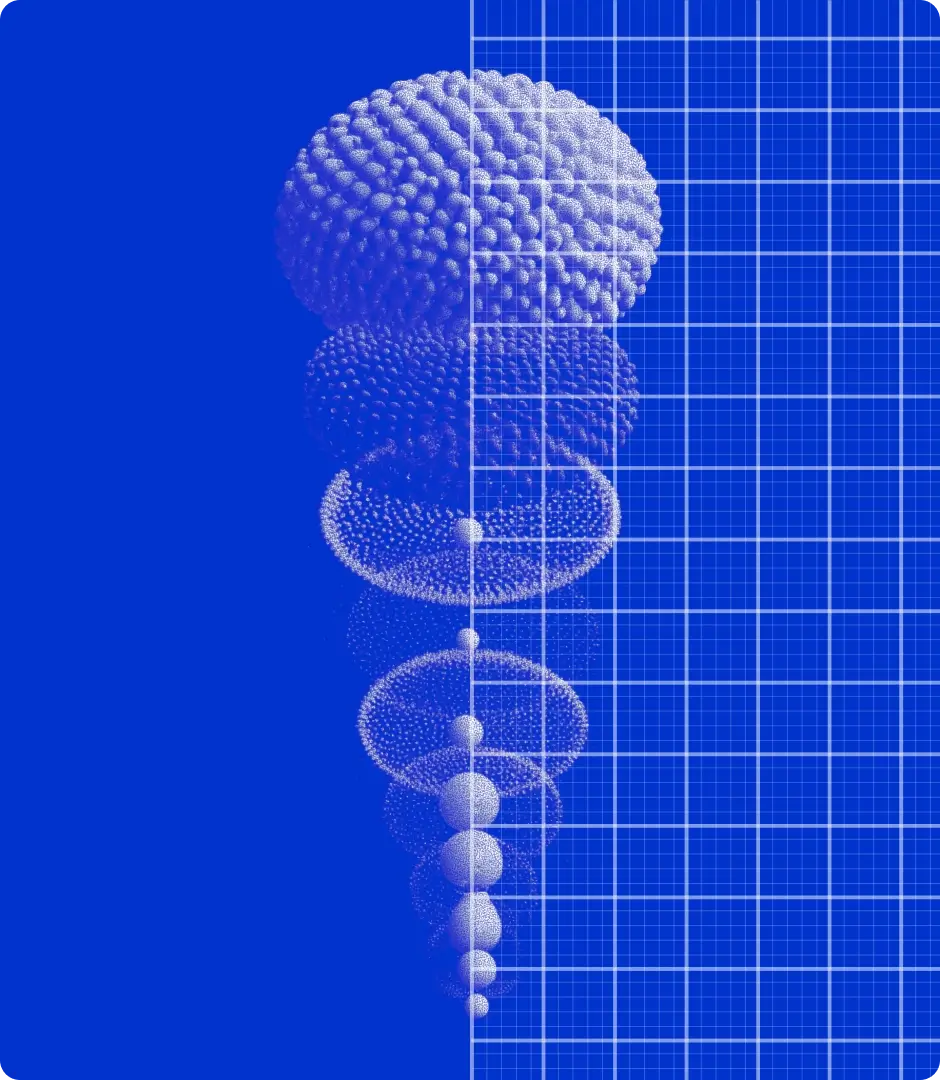 Abstract particle spheres over a blueprint grid representing security policies