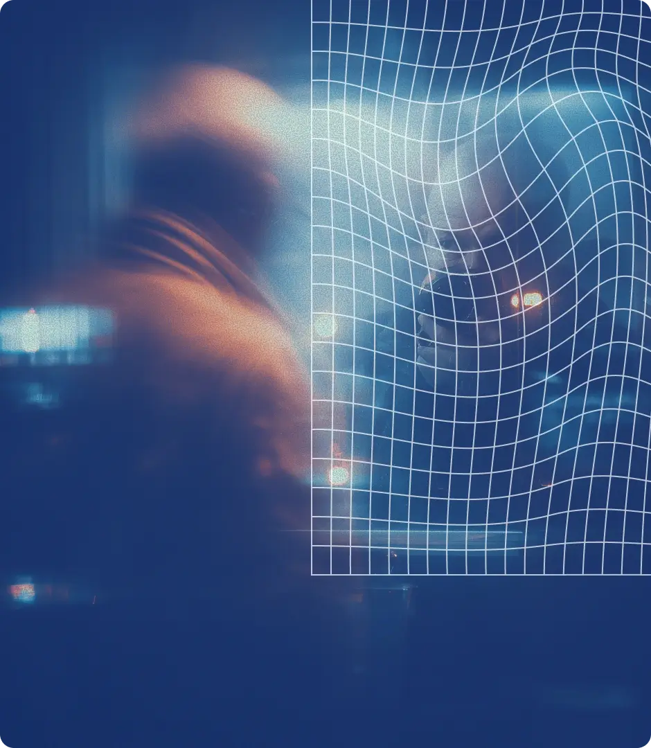 Blurred portrait of a person behind a distorted grid representing the security team