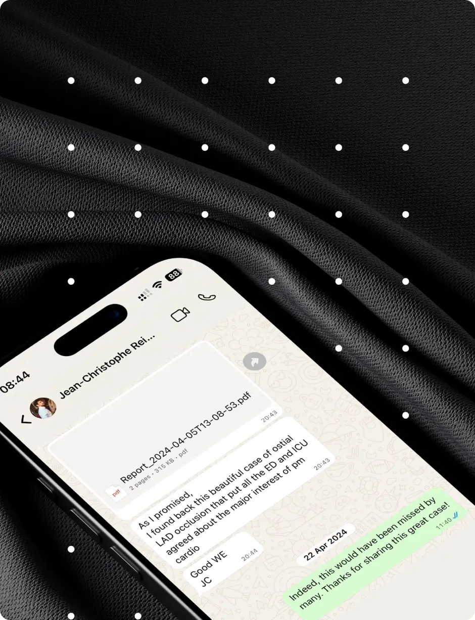 WhatsApp chat sharing a PMcardio report of an ostial LAD occlusion case missed by many clinicians