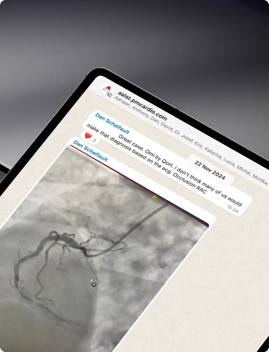 Clinician WhatsApp message praising PMcardio OMI diagnosis with coronary angiogram showing RCA occlusion