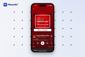 Smartphone showing This Week in Cardiology podcast episode featuring PMcardio Queen of Hearts™ AI outperforming physicians in ECG interpretation
