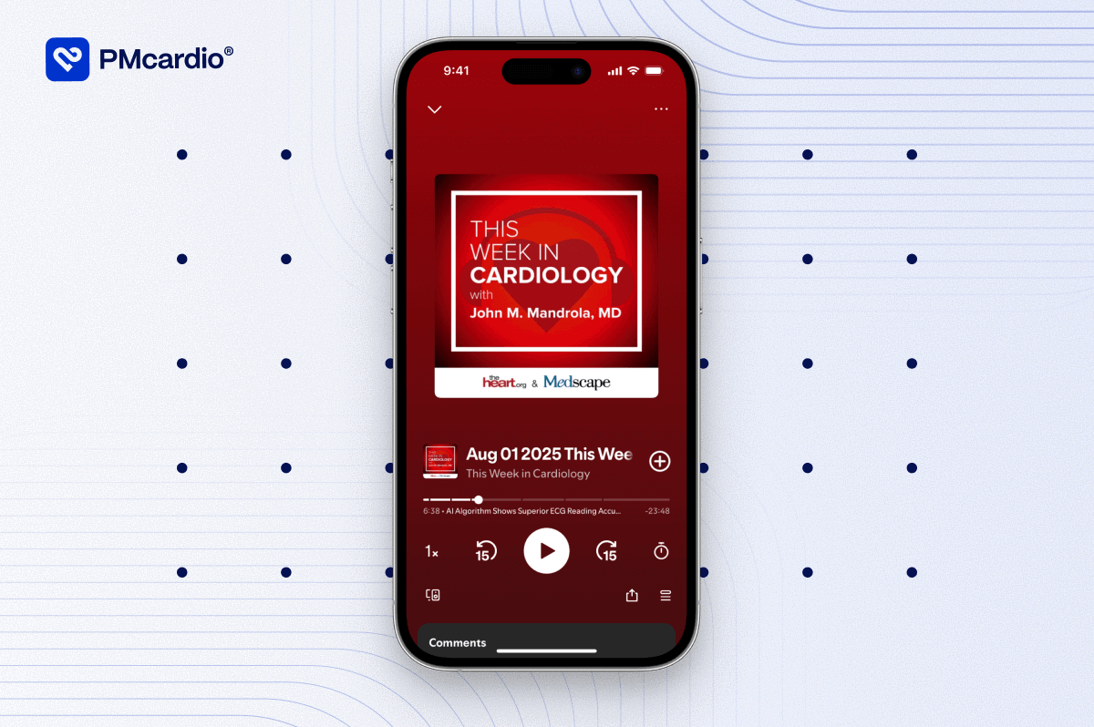Smartphone showing This Week in Cardiology podcast episode featuring PMcardio Queen of Hearts™ AI outperforming physicians in ECG interpretation