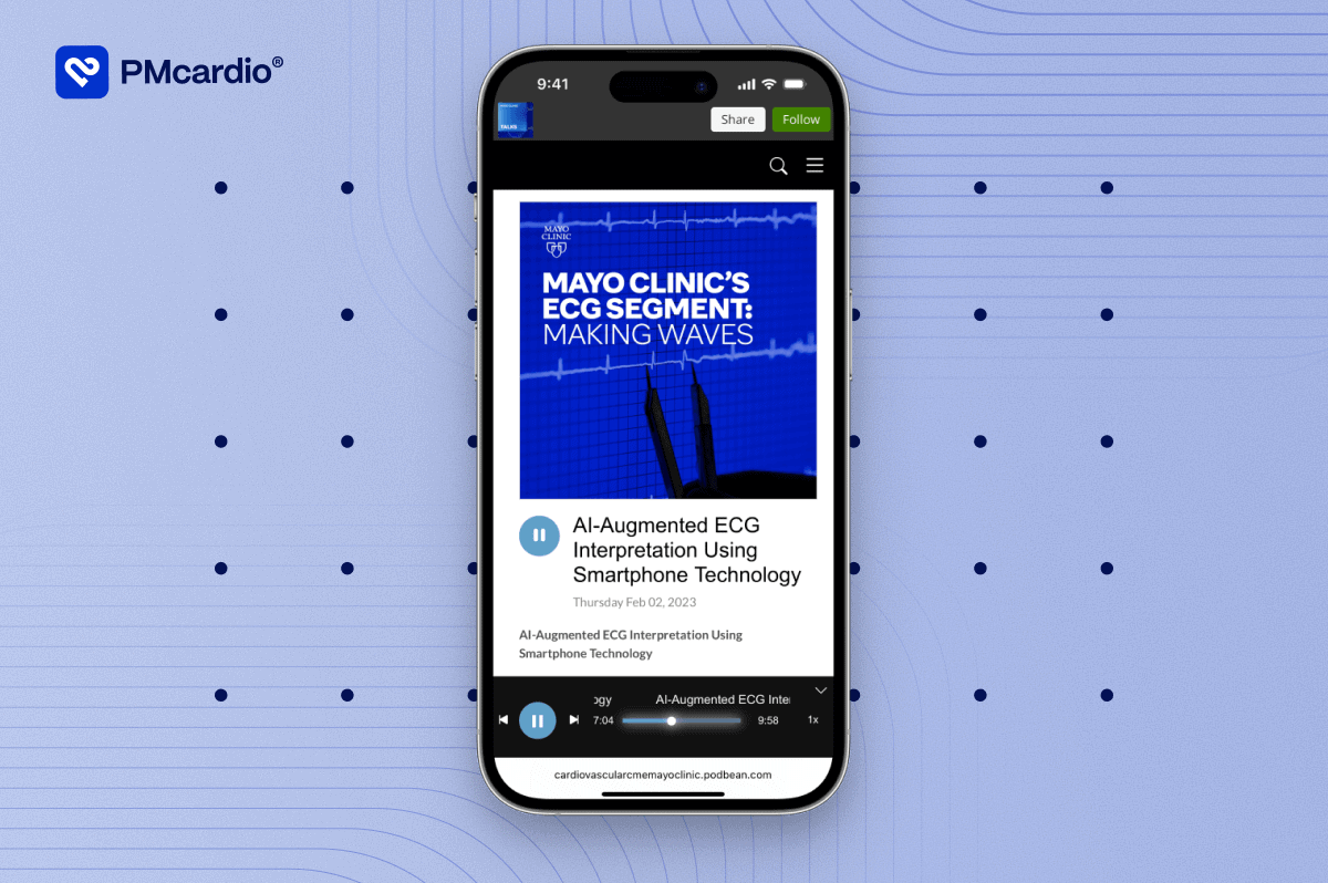 Smartphone displaying Mayo Clinic Cardiovascular CME podcast episode “AI-Augmented ECG Interpretation Using Smartphone Technology” featuring Dr. Robert Herman