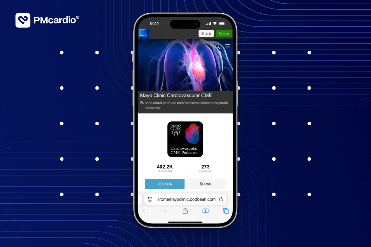 Smartphone displaying Mayo Clinic Cardiovascular CME podcast episode on advances in occlusion myocardial infarction (OMI) detection featuring Dr. Pendell Meyers