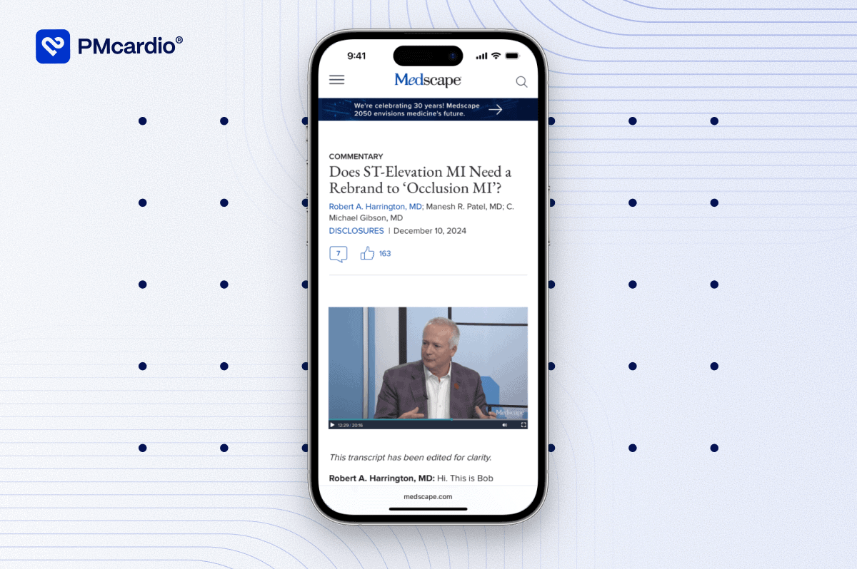 Smartphone screen showing Medscape’s Bob Harrington Show episode “Does ST-Elevation MI Need a Rebrand to ‘Occlusion MI’?” with expert cardiology discussion