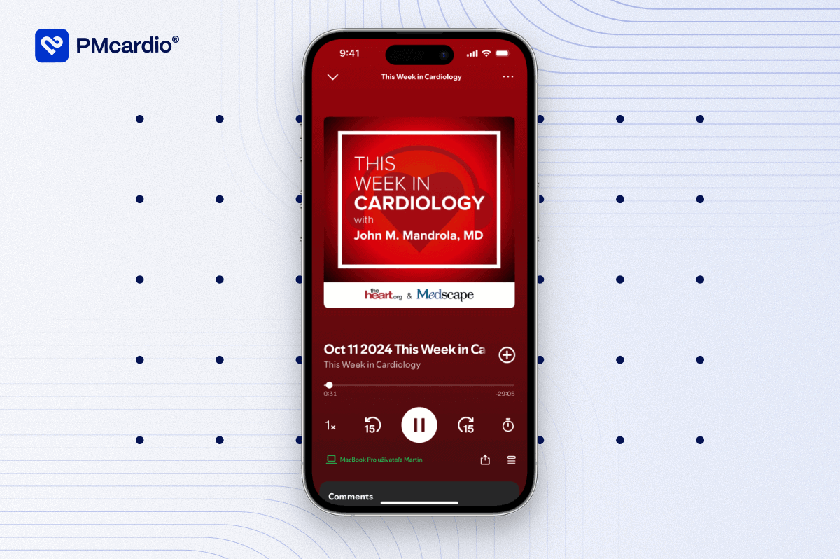Smartphone showing This Week in Cardiology podcast episode from October 11, 2024, discussing a new classification of myocardial infarction from STEMI/NSTEMI to Occlusion MI