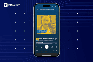 Smartphone displaying ACEP Frontline podcast episode “They’re Takin’ our Jobs – AI in Emergency Medicine” featuring discussion of PMcardio’s Queen of Hearts™ AI for ECG interpretation