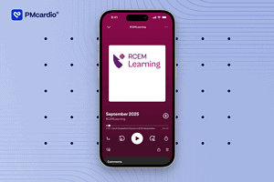 Smartphone displaying RCEM Learning podcast episode “September 2025” featuring discussion of PMcardio’s Queen of Hearts™ AI outperforming doctors in ECG interpretation