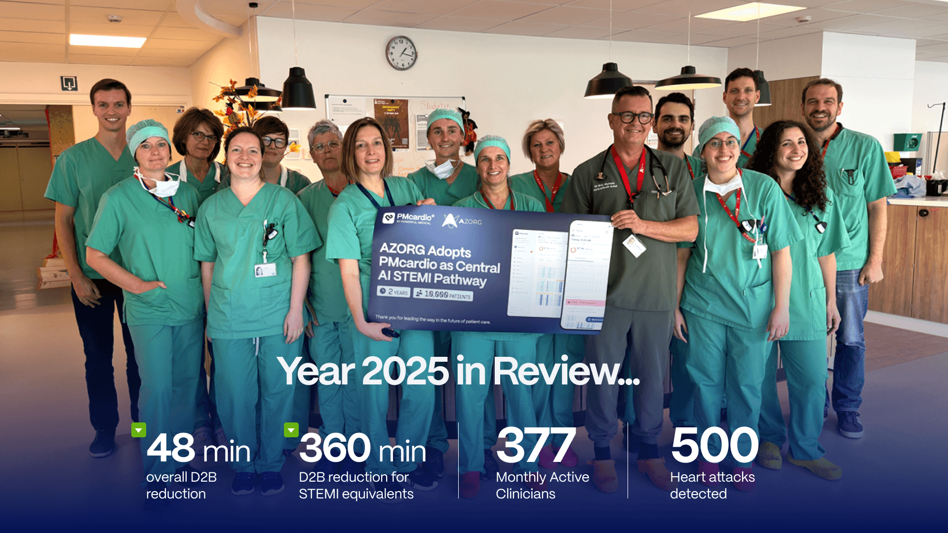 AZORG Heart Center clinical team in scrubs with PMcardio 2025 results: 48 min D2B reduction, 377 active clinicians, 500 heart attacks detected